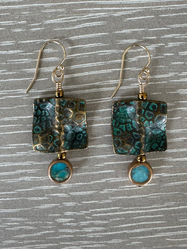 Patina alloy wavy square with copper banded turquoise  earrings.  UNIQUE