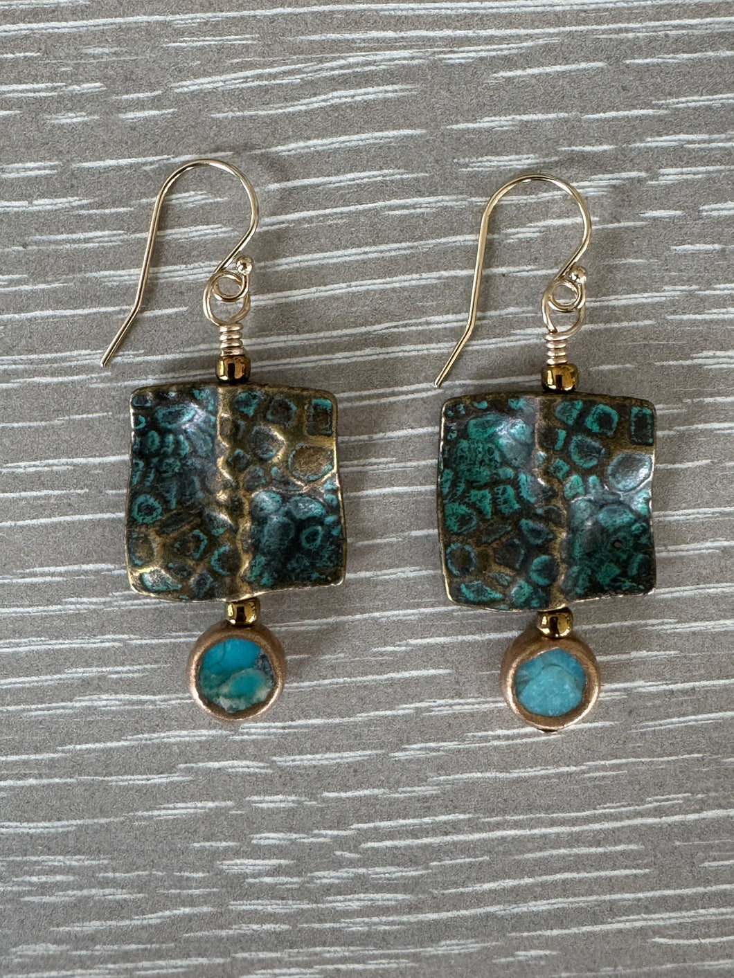 Patina alloy wavy square with copper banded turquoise  earrings.  UNIQUE