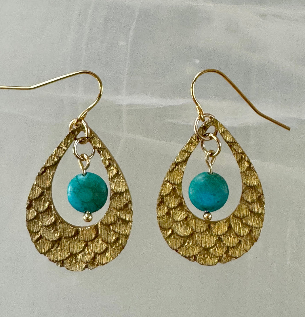 Gold plate and turquoise hoop earrings