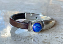 Load image into Gallery viewer, Woman&#39;s leather and silver plate cuff bracelet
